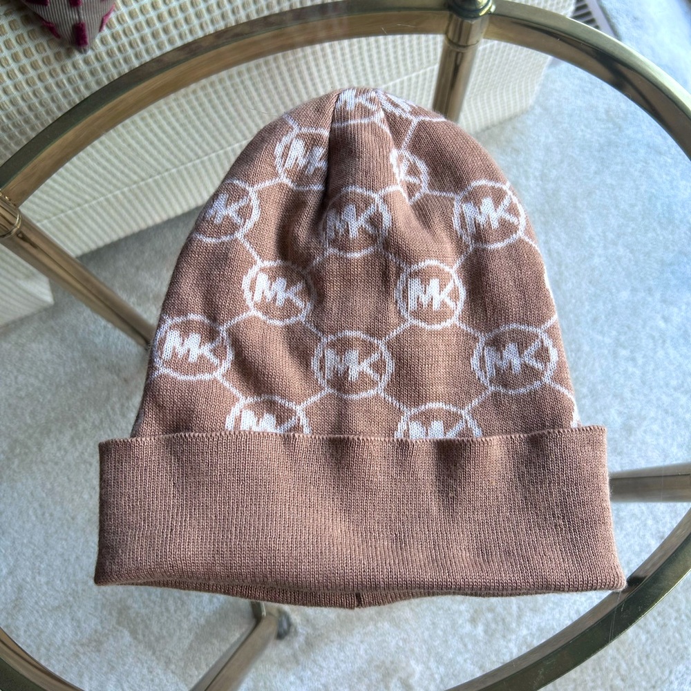MICHAEL Michael Kors Tan and White Logo Beanie Hat